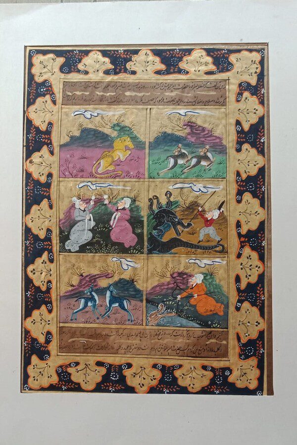 Persian Shahnameh Miniature Painting | Handmade Six-Panel Dragon Fight Art